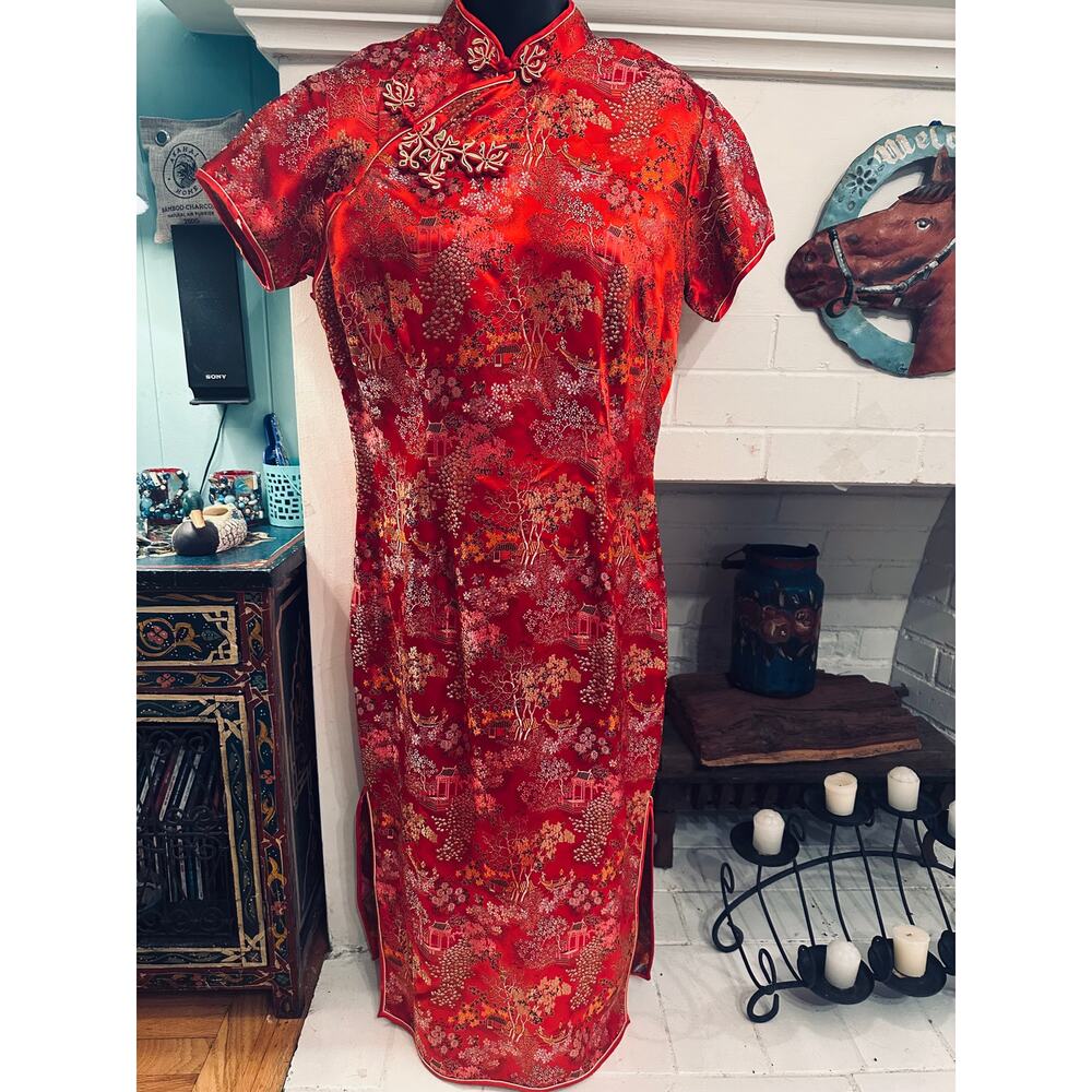 EIGHTIES PEONY BRAND RED ASIAN DRESS MADE IN SHANGHAI